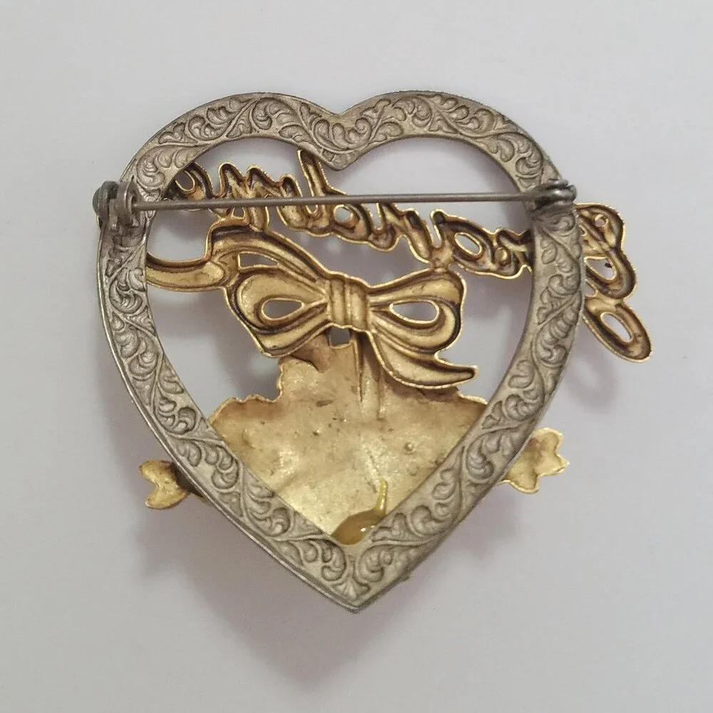 Vintage Grandma brooch ribbon basket‎ of flowers silver gold tone orient
